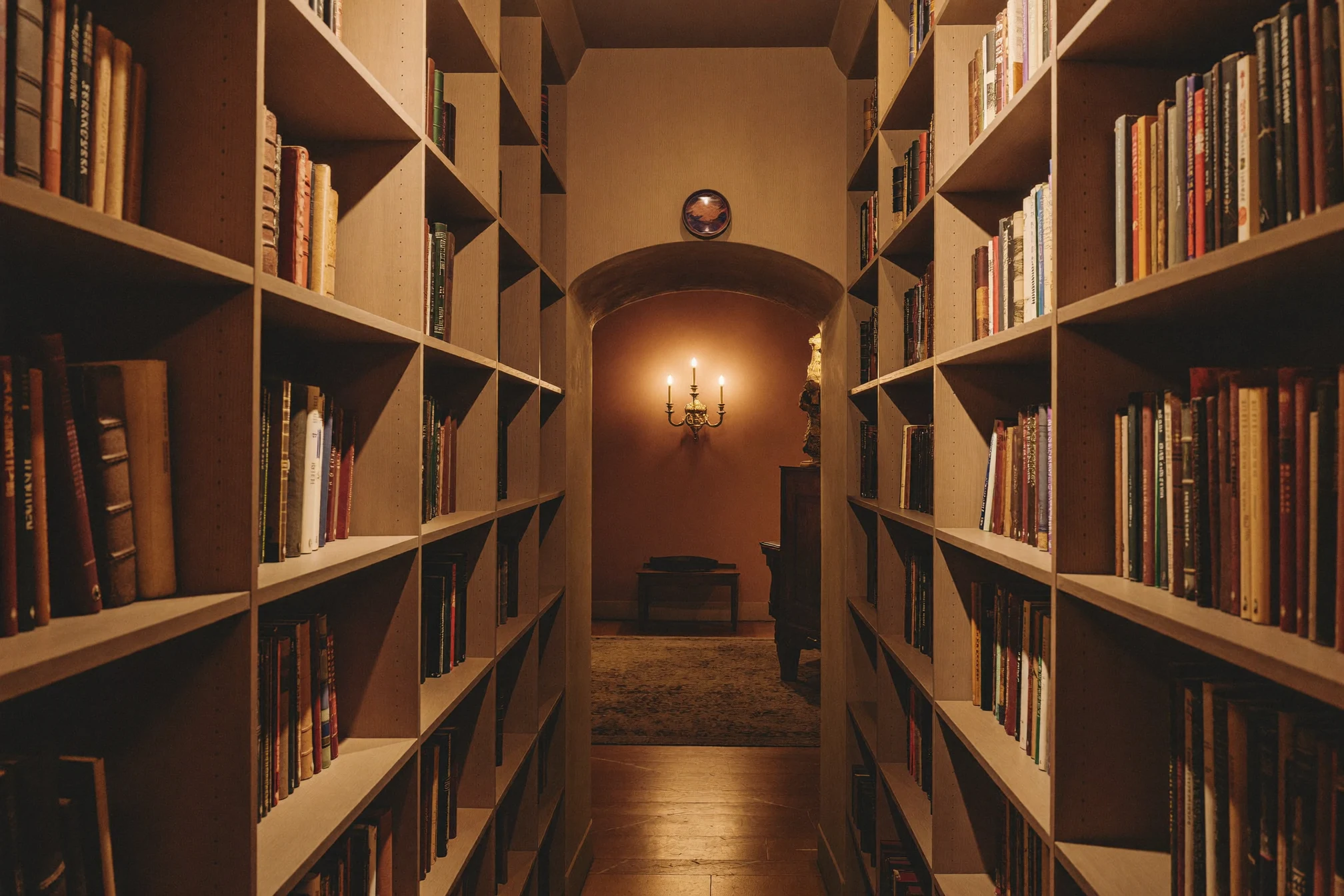 A corridor of shelved books running back to a lit sconce in an arched alcove