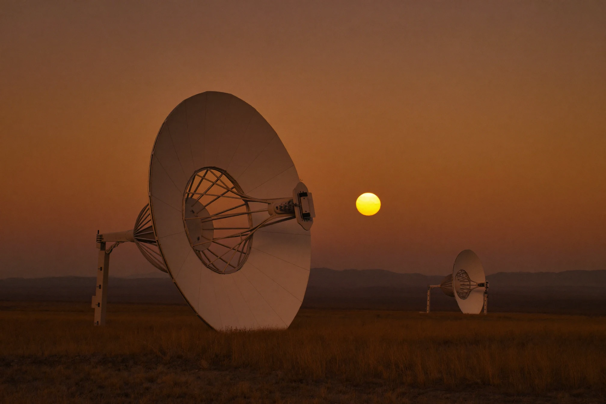 Two dish antennas standing in open grassland at sunset